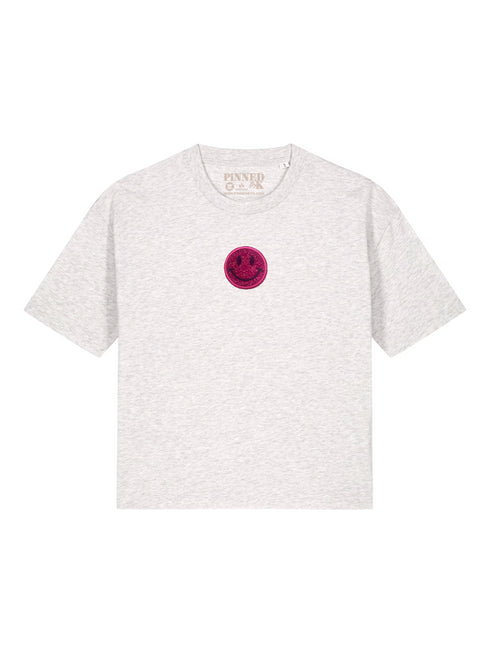 Boxy T-Shirt 3D Smiley Pink Glitter - Grau meliert